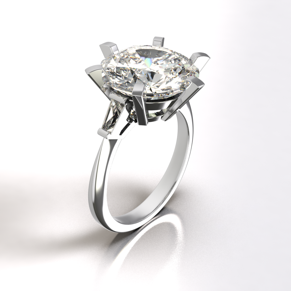 31 Bague Solitaire, diamant taille brillant, serti 6 griffes, 2 diamants tappers - 20B05 OT055760 -1